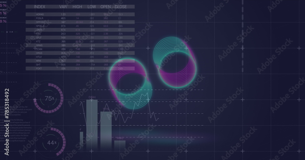 Fototapeta premium Image of neon rings spinning over statistical data processing against blue background