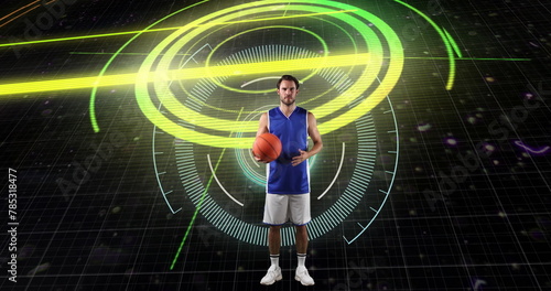 Image of scope scanning and data processing over caucasian basketball player
