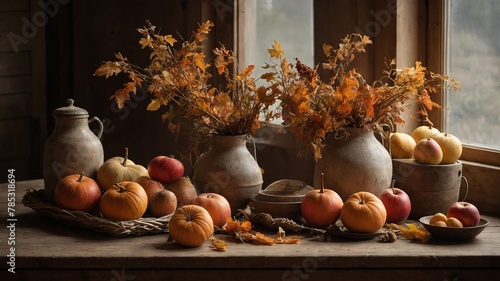 Autumn scene unfolds with assortment of pumpkins, apples arranged on wooden surface, bathed in soft, natural light filtering through nearby window. © Tamazina