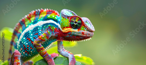 Chameleon: A chameleon mid-color change, shot with macro photography to detail its shifting patterns, set against a consistent green leaf background with copy space