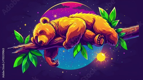  Bear snoozing on tree limb against purple-blue backdrop, adorned with stars and a plump moon