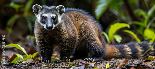 Coati: A coati foraging on the forest floor, captured with a ground-level camera to highlight its inquisitive nature and ringed tail, set against a lush forest background with copy space