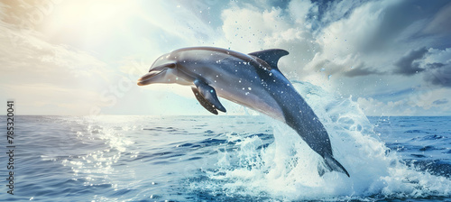 Dolphin: A dolphin leaping from the water, shot with a burst mode to capture its dynamic arc and splashing water, set against a clear ocean sky background with copy space.