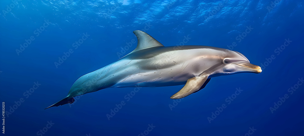 Dolphin: A playful dolphin photographed with underwater high-speed photography to capture its graceful movements, set against a deep ocean blue background with copy space. Dolphin: A playful dolphin photographed with underwater high-speed photography to capture its graceful movements, set against a deep ocean blue background with copy space.