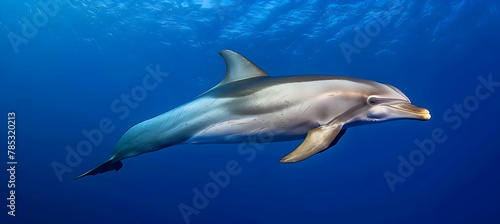 Dolphin: A playful dolphin photographed with underwater high-speed photography to capture its graceful movements, set against a deep ocean blue background with copy space. © MistoGraphy