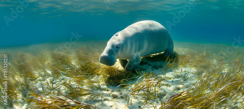 Dugong  A dugong grazing on sea grass  photographed underwater to show its gentle nature and bulky body  set against a clear sea floor background with copy space