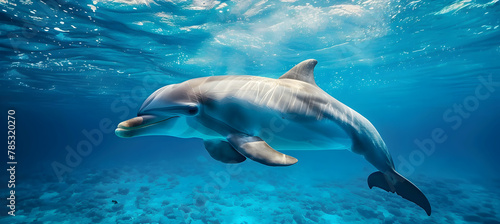 Dolphin: A playful dolphin photographed with underwater high-speed photography to capture its graceful movements, set against a deep ocean blue background with copy space.