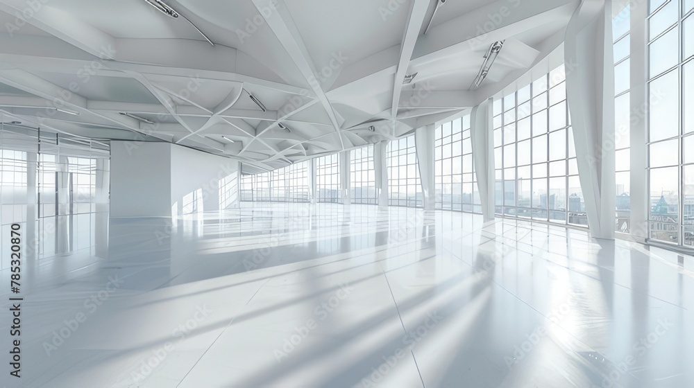 Modern and Spacious Empty White Room with Panoramic Windows and Seamless Spherical HDRI Panorama Ideal for Office or Store Interiors
