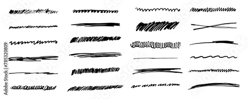 Underlines set brush stroke, marker lines grunge curve, wavy free hand marks textured simple borders strikethrough isolated on white background. Creative collection scribble brush or crayon checks photo