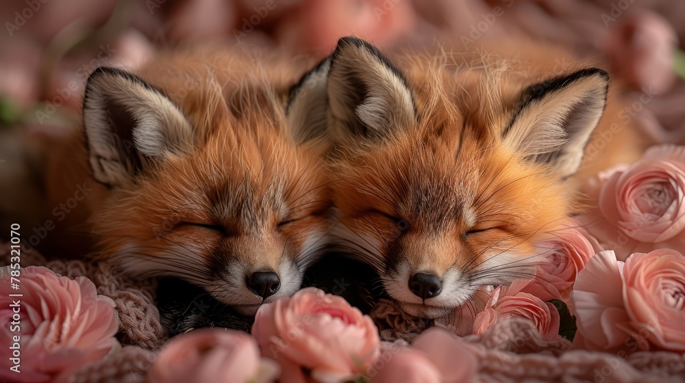 Fototapeta premium Two foxes rest beside each other on a bed of pink flowers, covered by a blanket