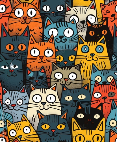 Whimsical Colorful Cartoon Cats with Expressive Eyes