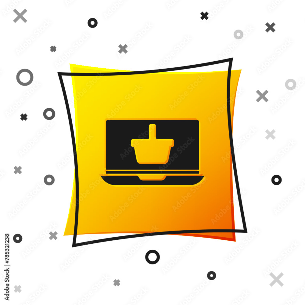Black Shopping basket on screen laptop icon isolated on white background. Concept e-commerce, e-business, online business marketing. Yellow square button. Vector Illustration Black Shopping basket on screen laptop icon isolated on white background. Concept e-commerce, e-business, online business marketing. Yellow square button. Vector Illustration