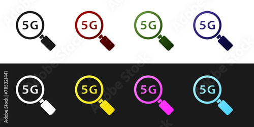 Set Search 5G new wireless internet wifi connection icon isolated on black and white background. Global network high speed connection data rate technology. Vector