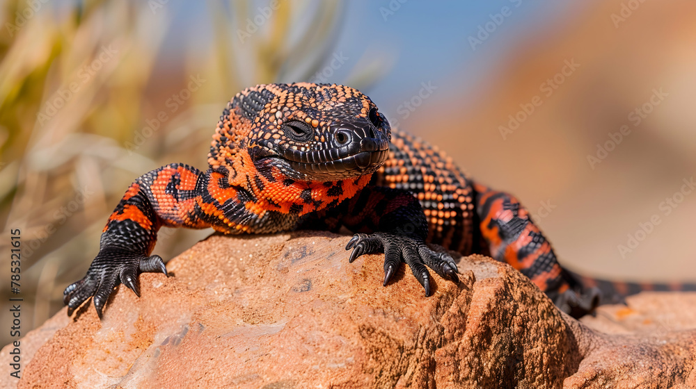 Obraz premium Gila Monster: A Gila monster sunbathing on a rock, shot with a macro lens to detail its textured skin and vibrant patterns, set against a desert background with copy space