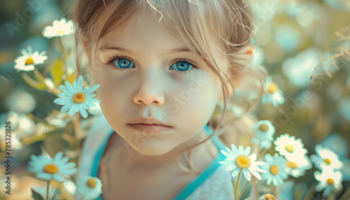 portrait of a blue eyes and hair girl standing in middle of meadow flowers