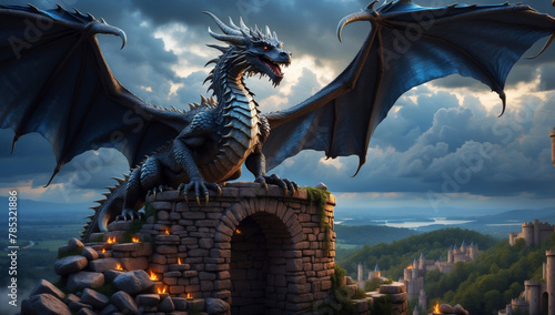 A huge dragon with big wings stands on a ruin