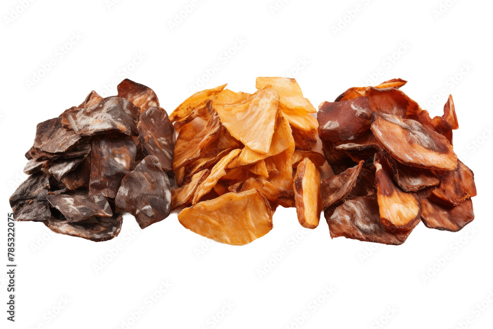 A Trio of Crunchy Delights: Three Unique Potato Chips Varieties. On a White or Clear Surface PNG Transparent Background. A Trio of Crunchy Delights: Three Unique Potato Chips Varieties. On a White or Clear Surface PNG Transparent Background.