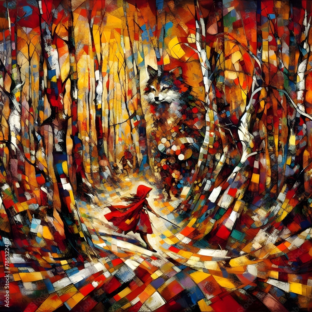 Fototapeta premium A painting of a forest with a girl in a red coat and a wolf