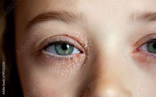 Eye of a little girl suffering from ocular atopic dermatitis or eyelid eczema. photo