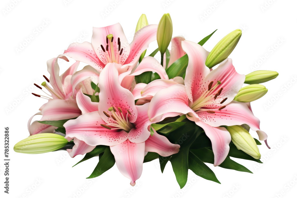 Elegance in Bloom: a Graceful Bouquet of Pink Lilies. On a White or Clear Surface PNG Transparent Background.