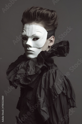 Old art photography concept. Portrait of a young actor posing over gray background. A man wears a white mask. Retro, vintage style. Studio shot