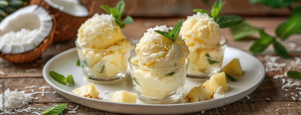 small glasses of pineapple marmalade and coconut ice cream adorned with fresh mint leaves and a straw, elegantly arranged on a dark green plate against a rustic wooden background.