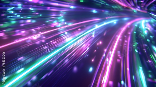 Neon purple and green future technology background with lines bending through dark space. High speed sync.