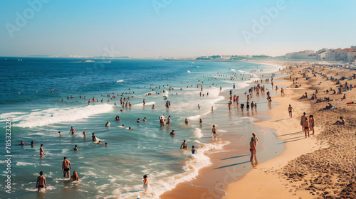 Crowded Atlantic Ocean beach in Lisbon Portugal © Anas