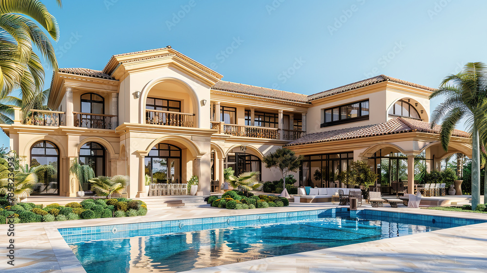 Fototapeta premium Luxurious Spanish villa with a pool and palm trees in the front, blue sky, holiday advertising