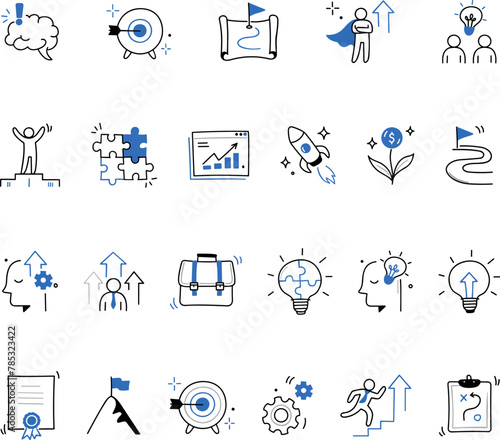 MobileBusiness idea icon set. Business strategy, finance goal, startup idea concept. Rocket, target, brain cute element. Vector illustration photo