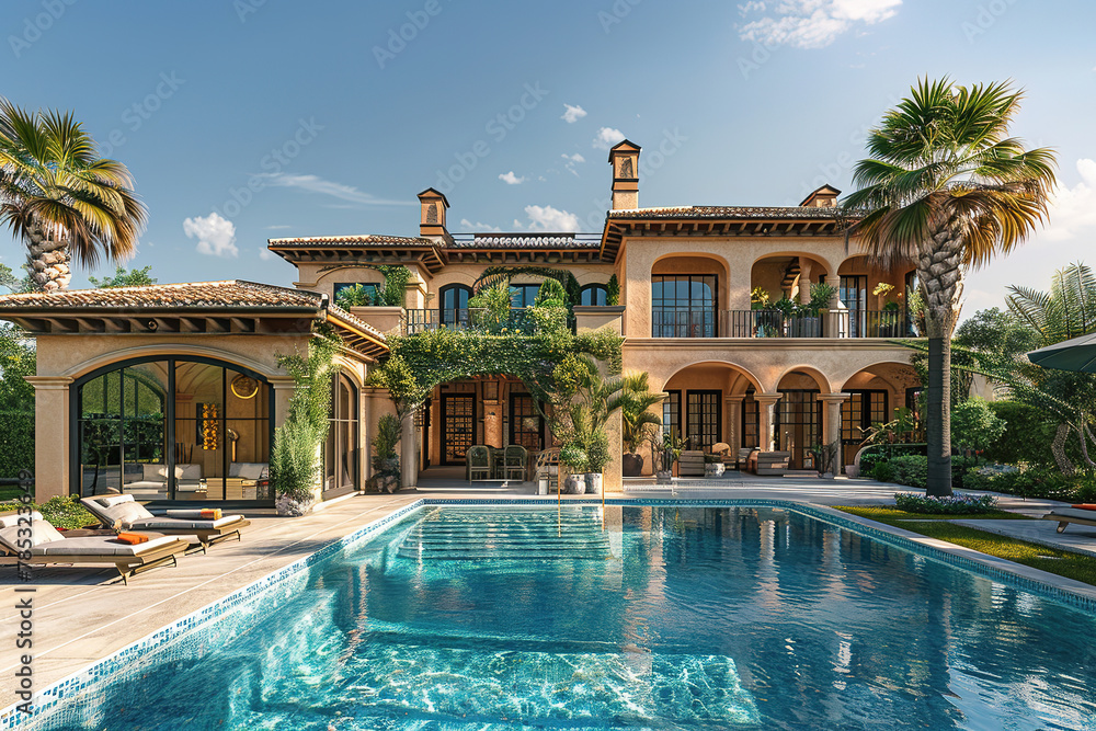 Luxurious Spanish villa with a pool and palm trees in the front, blue sky, holiday advertising