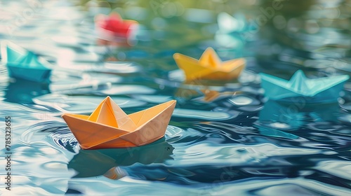 Tranquil Adventure Colorful Paper Boats Drifting on Rippling Water Surface, Creating a Playful Scene of Serenity
