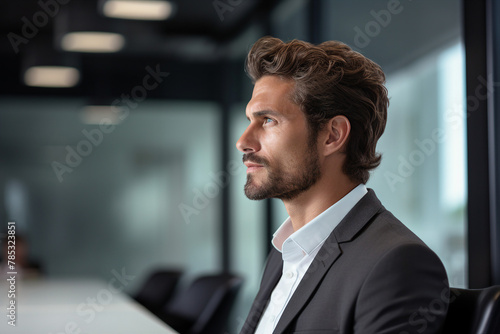 Corporate meeting with successful business people in modern workstation building Generative AI