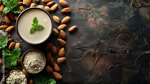 Oatmeal with almond flakes and almond nuts in a plate on the table. Top view of a still life with a beautiful table setting. Healthy breakfast concept.