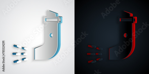 Paper cut Inhaler icon isolated on grey and black background. Breather for cough relief, inhalation, allergic patient. Paper art style. Vector