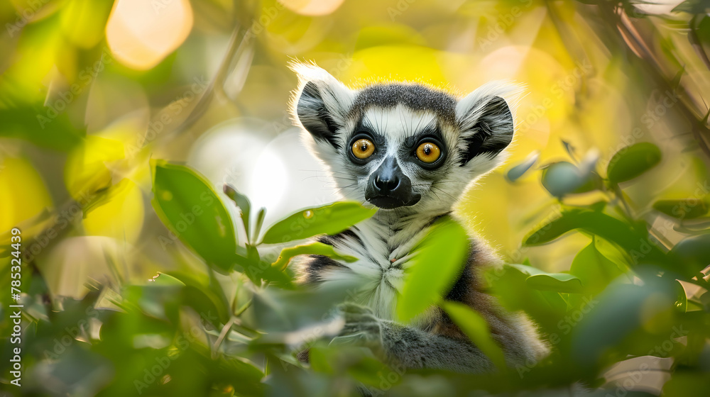 Lemur: A playful lemur captured in a natural pose, using a shallow depth of field to focus on its striking eyes against a lush rainforest background with copy space