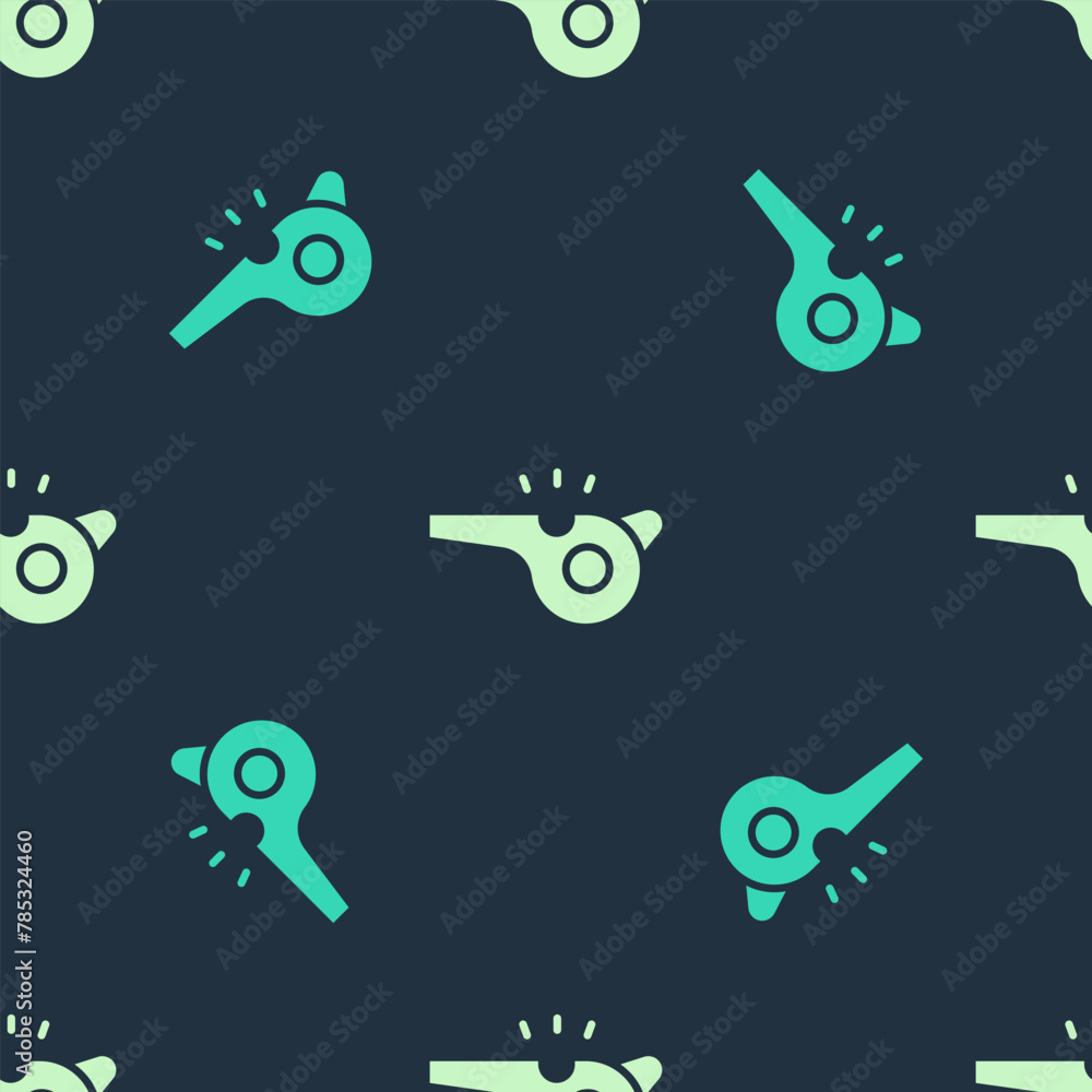 Green and beige Whistle icon isolated seamless pattern on blue background. Referee symbol. Fitness and sport sign. Vector Green and beige Whistle icon isolated seamless pattern on blue background. Referee symbol. Fitness and sport sign. Vector