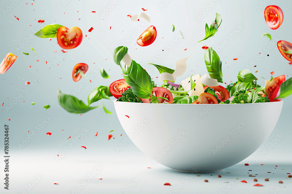 A close-up of fresh, green vegetables on a plate, like lettuce, tomato, and cucumber, for a healthy salad A close-up of fresh, green vegetables on a plate, like lettuce, tomato, and cucumber, for a healthy salad