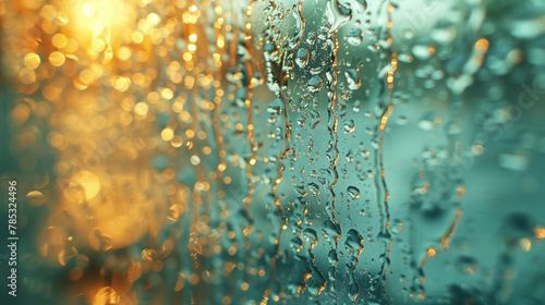 Glistening Raindrops on Window  Golden Bokeh Lights  Tranquil Mood  Abstract Background