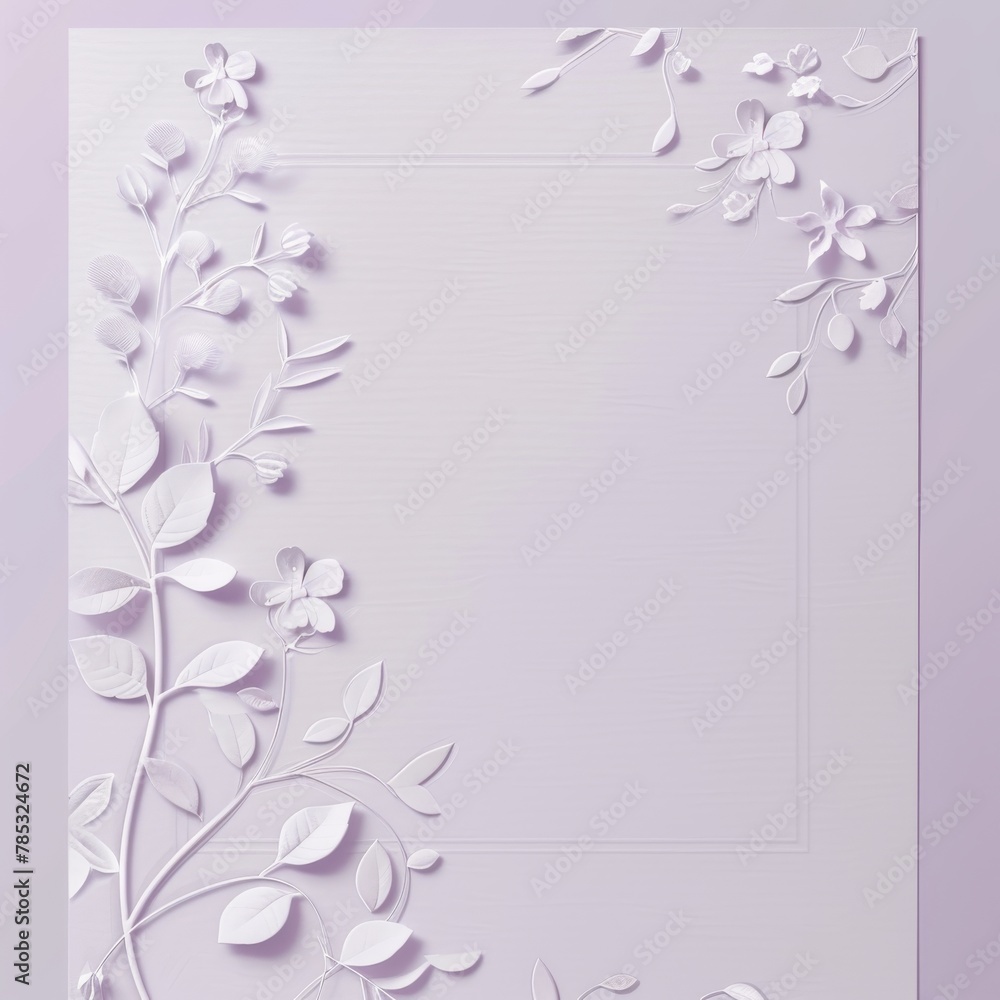 A square image with a white 3D floral frame on a purple background.