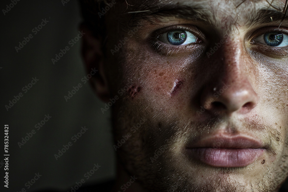 Close up image of a young man face with acne generative AI Close up image of a young man face with acne generative AI