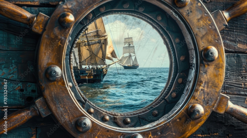 a ship's porthole, revealing an old sailing boat with people on board against a backdrop of dark brown wooden boards, evoking a sense of maritime adventure and tradition.