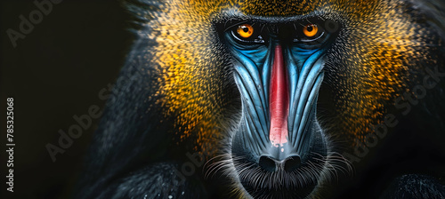 Mandrill: A mandrill with its striking facial colors, photographed in high resolution to capture the details of its vibrant face, set against a natural jungle background with copy space