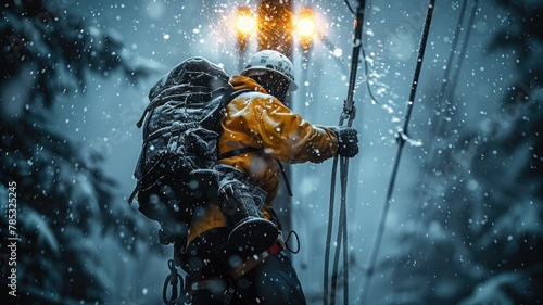 Mountain climber ascending in a snowstorm - A climber braving the harsh winter elements, signifying the struggle and adventure of extreme sports