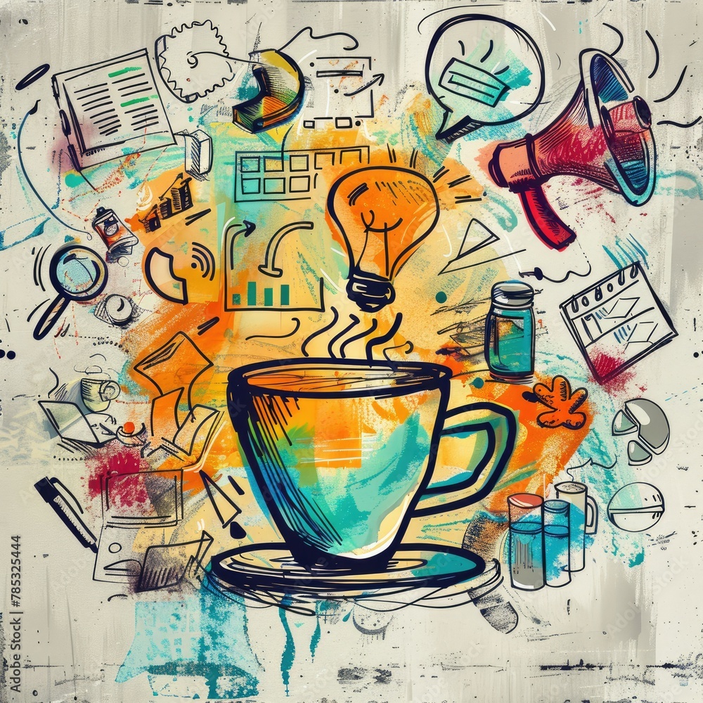 Obraz premium Creative coffee cup with brainstorm doodles - A colorful, imaginative depiction of a coffee cup surrounded by brainstorming and creative doodles
