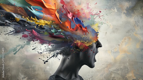 Conceptual visualization of creativity as colorful paint exploding from a dull gray brain photo