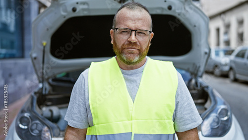 Handsome middle-aged caucasian man, with a serious face and glasses, standing by his broken vehicle in an urban street, reflecting on his crashed journey