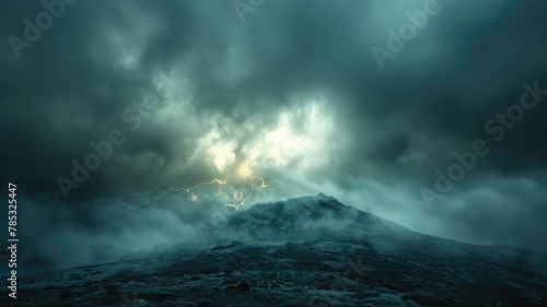 Mysterious mountain under stormy skies - A dark and brooding image capturing the intensity of a lightning storm over a rugged mountainous landscape