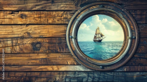 a ship's porthole, revealing an old sailing boat with people on board against a backdrop of dark brown wooden boards, evoking a sense of maritime adventure and tradition.