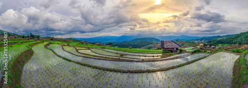 Landscape of terraced young green rice fields in cloudy day at sunset, Pa Pong Pieng, Mae chaem, Chiang mai photo